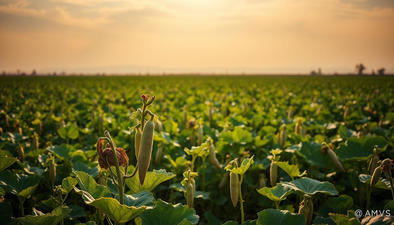 A vast, sun-drenched field of thriving fava beans, their vibrant green leaves and pods struggling against the heat and drought of a changing climate. In the foreground, a farmer examines a withered plant, brow furrowed with concern. The middle ground reveals rows of uneven growth, some plants healthy and robust, others stunted and wilting. In the distance, a hazy horizon obscures the future, hinting at the unpredictable weather patterns that challenge traditional farming methods. Warm, golden light filters through wispy clouds, casting a somber, introspective mood over the scene. This image captures the essence of the main challenges faced in growing fava beans amid the uncertainties of a shifting climate.