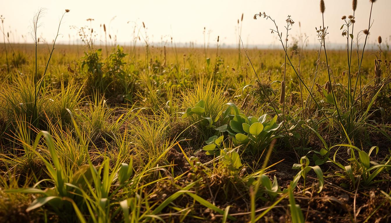 An overgrown field overrun with a variety of weeds and invasive plants, ranging from tall grasses to broad-leaved weeds, thriving in the neglected, aged soil. The foreground is a tangle of lush, tangled vegetation, with tufts of grass and vibrant green leaves. In the middle ground, the weeds grow in dense clusters, creating a sense of chaos and disorder. The background fades into a hazy, sun-dappled horizon, suggesting the expanse of the neglected land. The lighting is warm and golden, casting a nostalgic, almost melancholic atmosphere. The scene conveys the challenges of managing an old, neglected plot of land overtaken by persistent, resilient weeds.