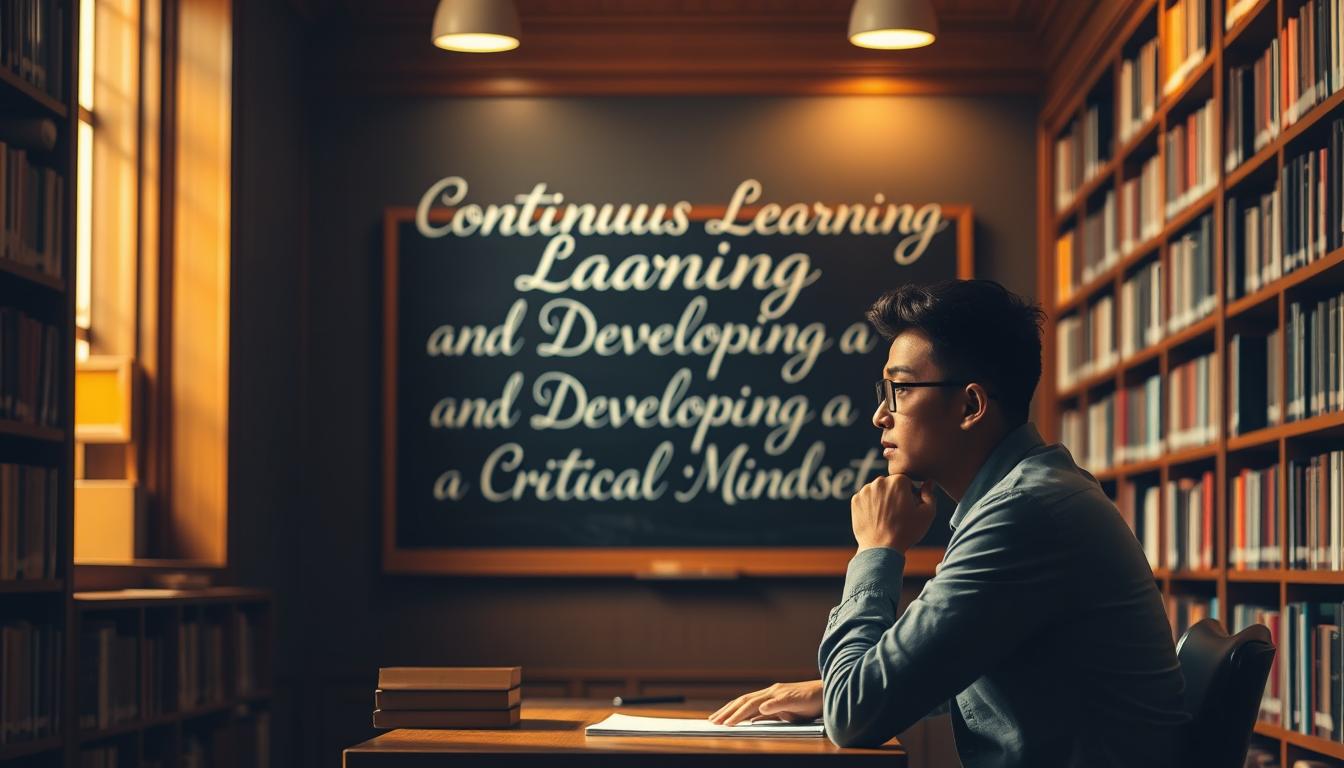 A serene library interior with rows of bookshelves lining the walls, casting warm golden light. In the foreground, a person sits at a wooden desk, deep in thought, a thoughtful expression on their face. Behind them, an elegant chalkboard displays the words &quot;Continuous Learning and Developing a Critical Mindset&quot; in flowing calligraphy. Soft shadows and highlights create a contemplative, introspective atmosphere, inviting the viewer to join in the pursuit of knowledge and critical analysis.