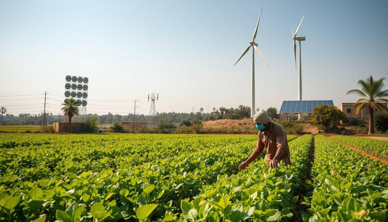 Vibrant agricultural landscape showcasing climate-smart farming techniques in Egypt. Lush, verdant fields with diverse crops thriving under gentle sunlight. Modern irrigation systems and precision farming tools harmonize with traditional farming practices. In the foreground, a farmer tends to drought-resistant crops, using agroecological principles to optimize yield. The middle ground features automated weather stations and soil sensors, providing real-time data to optimize resource allocation. Towering in the background, a wind turbine and solar panels harness renewable energy to power the smart farming operations. The scene radiates a sense of harmony between technology, tradition, and environmental stewardship.