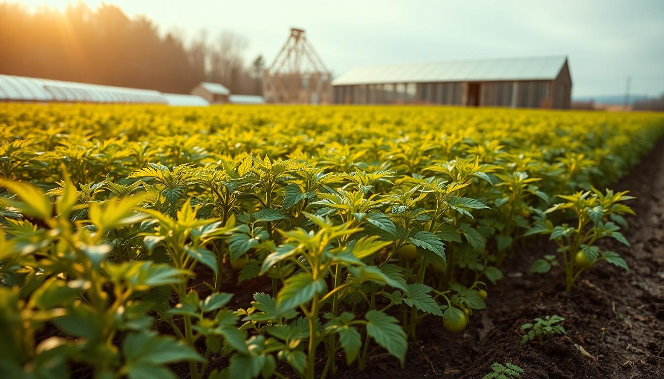 A field of lush, green tomato plants thriving amidst the winter landscape, their vibrant foliage contrasting against the muted tones of the season. The plants are expertly cultivated, with well-tended soil and strategic spacing, indicating a skilled hand at work. Warm, golden sunlight filters through overcast skies, casting a soft, diffused glow over the scene. In the distance, a rustic barn or greenhouse structure stands, providing shelter and protection from the elements. The overall atmosphere conveys a sense of resilience, innovation, and the triumph of agricultural ingenuity in the face of challenging weather conditions.