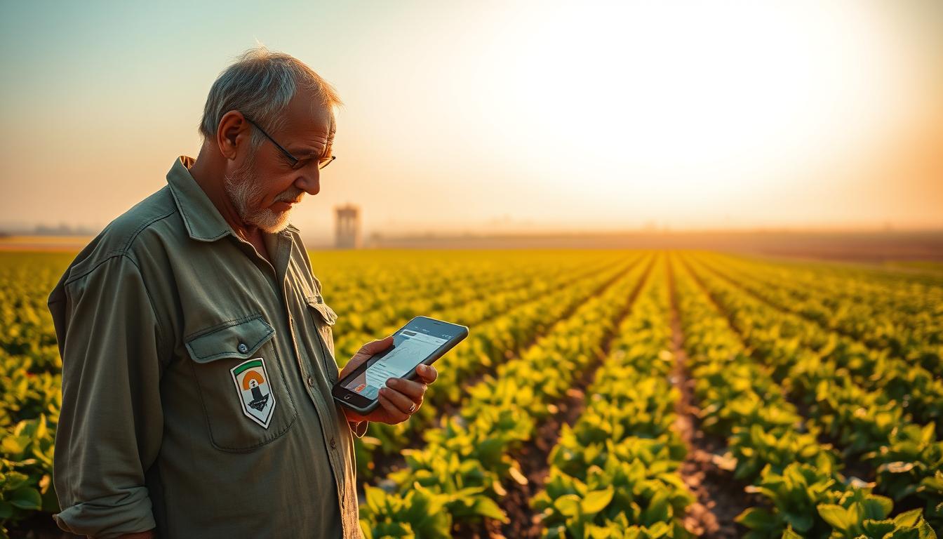 الخطوات الأولى: تجربة المزارع مع OneSoil AI A lush Egyptian farm landscape, bathed in warm golden light. In the foreground, a weathered but determined farmer carefully inspects his field, a tablet in hand displaying the OneSoil AI analytics dashboard. The middle ground showcases rows of thriving crops, their vibrant green hues a testament to the farmer's precision irrigation guided by OneSoil's water optimization recommendations. The background gradually fades into a hazy horizon, with a cloudless blue sky overhead. The scene conveys a sense of technological empowerment, sustainable practices, and the farmer's pride in his improved yields and resource efficiency.