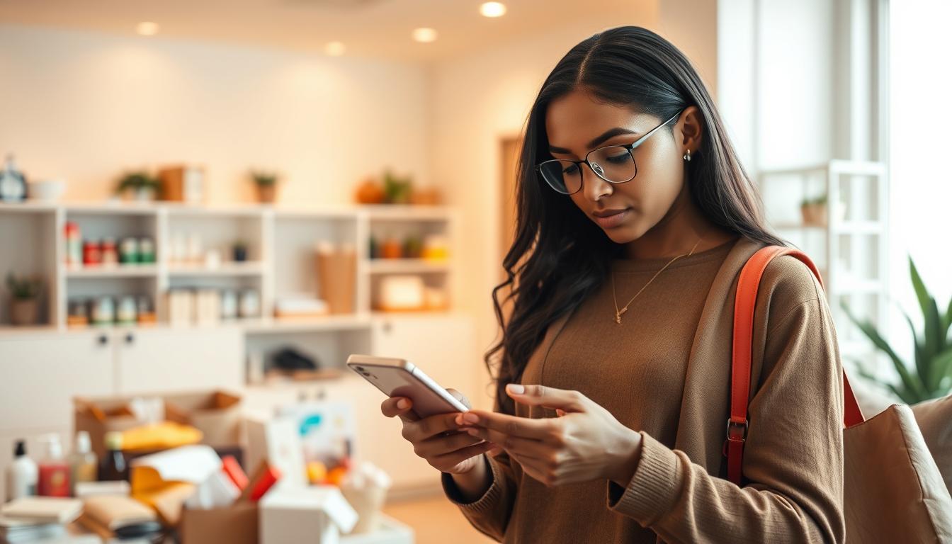 A modern and stylish scene depicting the smart shopping techniques using Cleo AI. In the foreground, a person meticulously examining their phone, browsing Cleo's intuitive interface to plan their purchases. The middle ground showcases various household items, groceries, and personal care products, hinting at the breadth of Cleo's tracking capabilities. The background features a minimalist, well-lit interior with clean lines and neutral tones, creating a sense of efficiency and organization. Warm, diffused lighting illuminates the scene, emphasizing the seamless integration of technology and everyday life. The overall atmosphere conveys a feeling of empowerment, control, and financial awareness through the innovative use of Cleo AI.