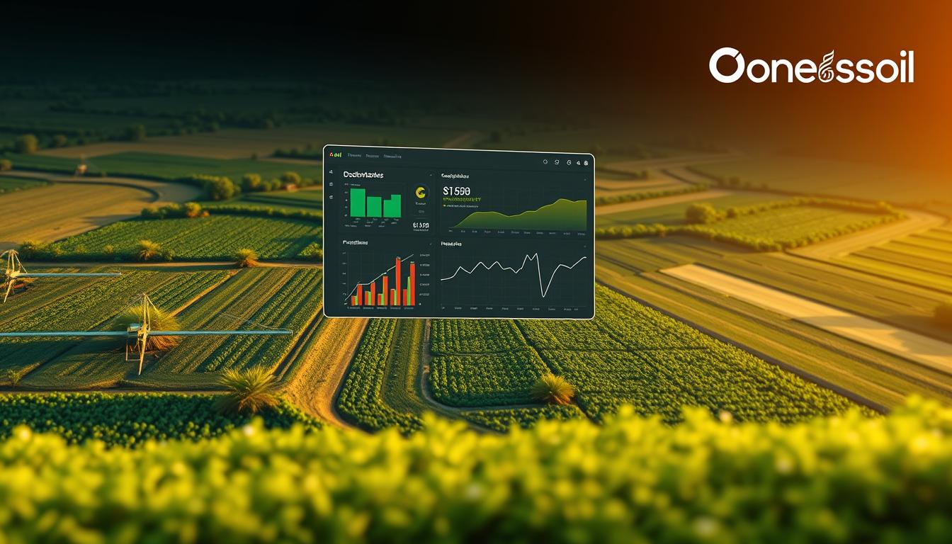 كيفية جمع وتحليل البيانات الزراعية A detailed illustration of the OneSoil AI agricultural data analysis platform. In the foreground, a stylized satellite image of farmland with lush crops and irrigation systems. In the middle ground, a visualization of the OneSoil AI dashboard, displaying graphs, charts, and insights. In the background, a subtle rendering of the OneSoil logo and branding. The overall scene should convey a sense of precision, technology, and the transformative power of data-driven farming. Use a cinematic lighting setup, with warm hues and dramatic shadows to create a professional, high-tech aesthetic.