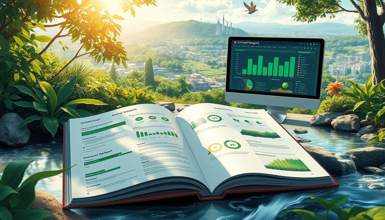 A meticulously detailed illustration of the environmental aspects in smart sustainability reports. A serene, nature-inspired scene with lush greenery, flowing water, and natural light filtering through. The foreground features an open report with elegant infographics and data visualizations, reflecting the &quot;smart&quot; nature of the content. The middle ground showcases a computer display presenting an interactive sustainability dashboard, emphasizing the technological integration. The background depicts a panoramic view of a sustainable urban landscape, with energy-efficient buildings and renewable energy infrastructure. The overall atmosphere conveys a sense of harmony between technology, nature, and environmental responsibility.
