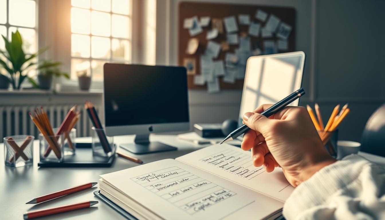 An elegantly designed workspace, illuminated by warm, natural lighting from a large window. On the desk, a clean and organized array of office supplies - pens, pencils, a notebook, and a desktop computer. In the foreground, a person's hand holds a pen, poised to create a detailed to-do list on the open notebook. Behind them, a bulletin board displays various notes and reminders, creating a sense of intentionality and productivity. The overall atmosphere is one of focus, efficiency, and a clear plan for the day ahead.