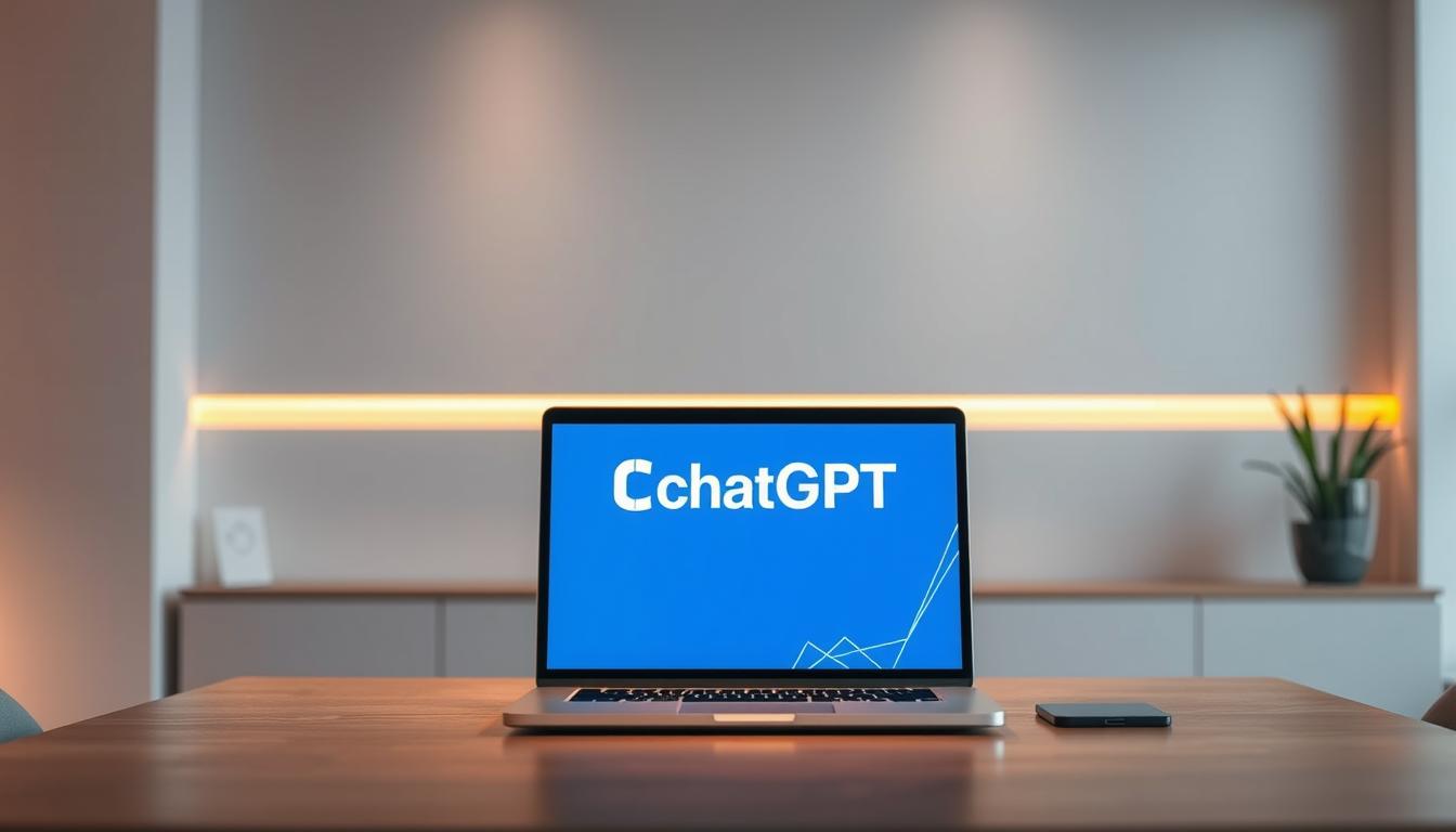 A modern, minimalist office setting with a prominent desk, featuring a laptop displaying the ChatGPT logo. The background showcases a sleek, professional environment with subtle hints of technology, such as geometric patterns or simple line art. Warm, neutral lighting casts a focused glow on the desk setup, creating a productive and efficient atmosphere. The overall composition should convey the idea of using ChatGPT as a powerful tool for business productivity and decision-making.