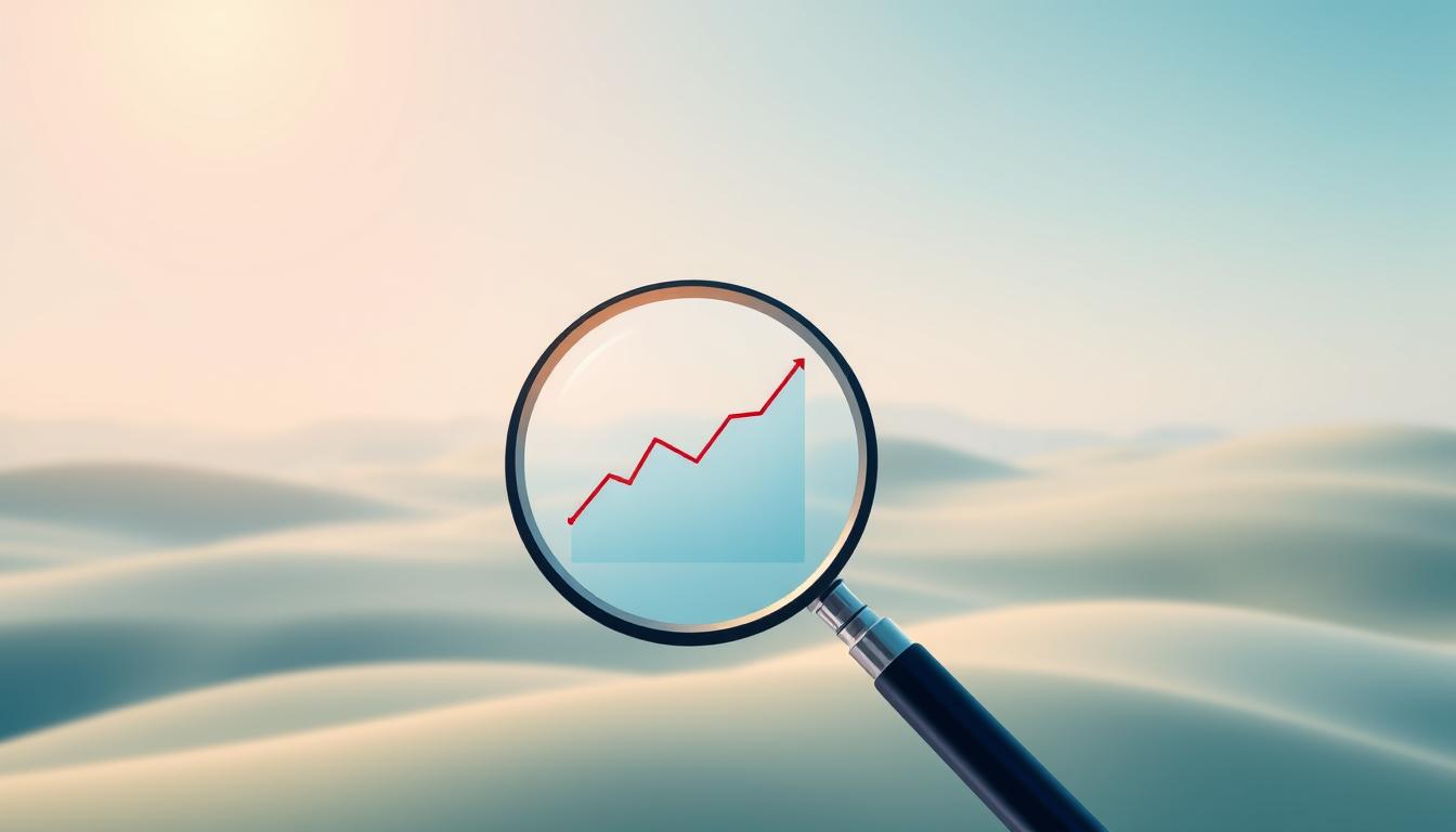 A vibrant, minimalist illustration showcasing the fundamentals of market analysis for beginners. In the foreground, a magnifying glass hovers over a stylized graph, highlighting key data points. The middle ground features simple, geometric icons representing various market indicators and trends. The background is a clean, gradient-based landscape, creating a sense of depth and focus. Soft lighting from the upper-left casts a warm, contemplative tone, while the camera angle provides a bird's-eye view, conveying an analytical perspective. The overall composition emphasizes clarity, simplicity, and the essential elements of market research for those new to the field.