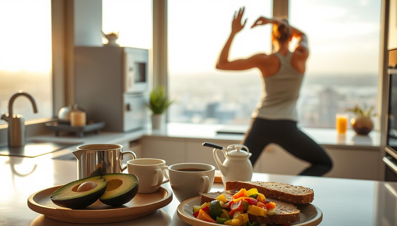 الخطوة الأولى: بدء اليوم بروتين صباحي فعال A bustling modern kitchen, bathed in warm morning light. On the countertop, a healthy breakfast spread - freshly brewed coffee, sliced avocado, whole grain toast, and a vibrant fruit salad. In the foreground, a person stretching and performing gentle yoga poses, their posture upright and focused. The atmosphere is calm yet energetic, setting the tone for a productive day ahead. A large window overlooks a city skyline, hinting at the potential and possibilities that lie outside, waiting to be explored. The scene captures the essence of an effective morning routine - nourishing the body, mind, and spirit to kickstart the day with vitality and purpose.