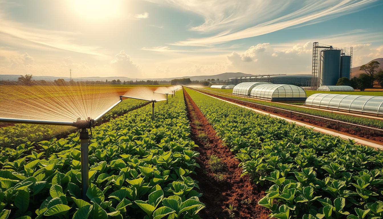 A vast, verdant landscape, lush with thriving crops and modern irrigation systems. In the foreground, sleek, automated sprinklers gently water the soil, their intricate mechanisms a testament to technological advancement. The middle ground showcases a network of channels and pipes, efficiently channeling precious water resources to nourish the diverse array of drought-resistant plants. In the background, towering silos and state-of-the-art greenhouses hint at a harmonious integration of traditional and cutting-edge farming practices. Warm, golden sunlight filters through wispy clouds, casting a serene, hopeful ambiance over the scene. The image conveys a vision of sustainable, climate-resilient agriculture, where innovative irrigation techniques empower farmers to thrive even in the face of environmental challenges.