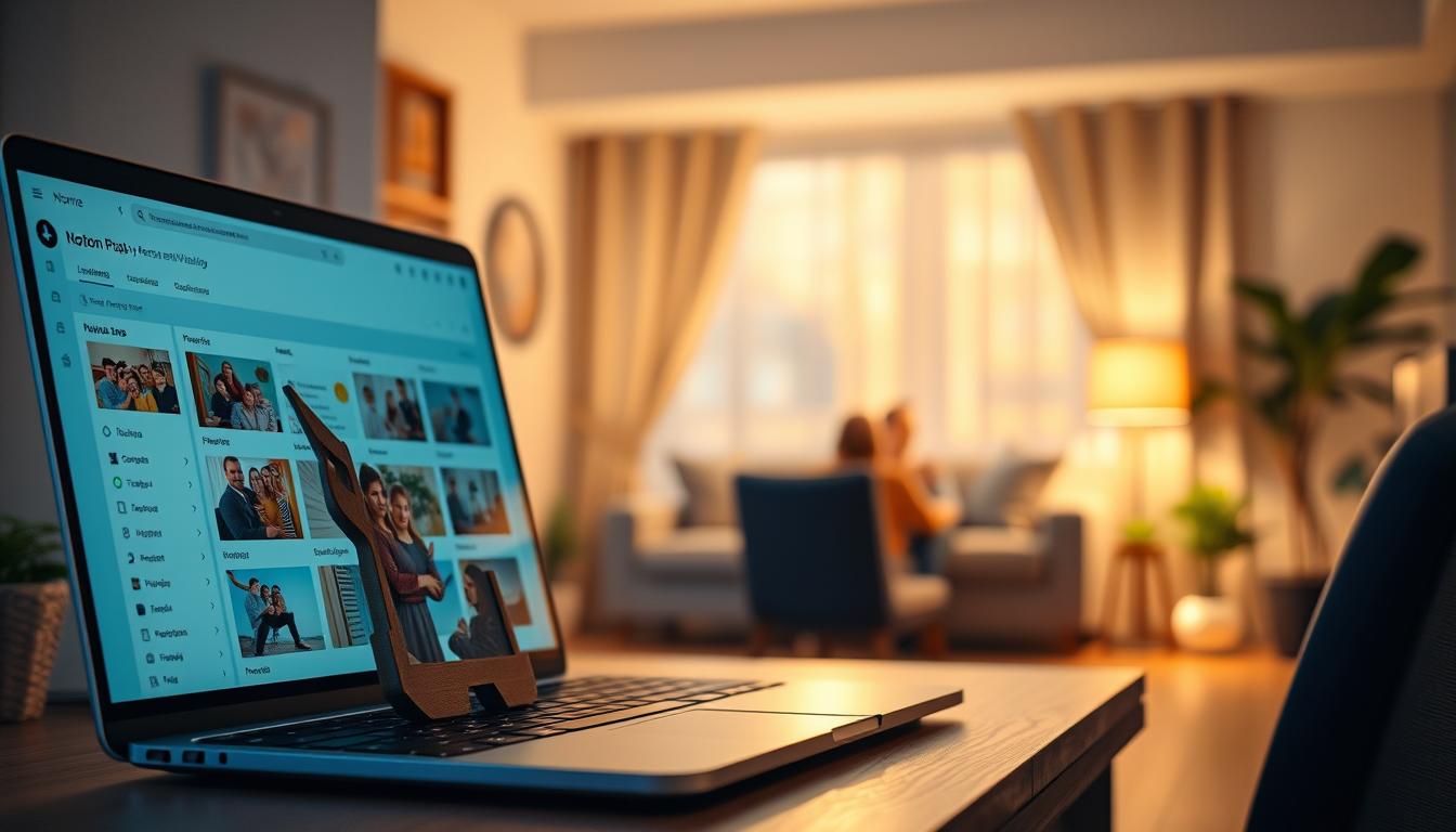 A cozy home office, with a clean and organized Notion interface displayed on a laptop screen. Soft, warm lighting illuminates the scene, creating a calming atmosphere. In the foreground, a family portrait stands on the desk, symbolizing the harmony between personal and professional life. The background features a blurred, inviting living room, suggesting the integration of work and family. The overall composition conveys a sense of simplicity, balance, and productivity, reflecting the theme of &quot;simplifying personal and family life using Notion AI&quot;.