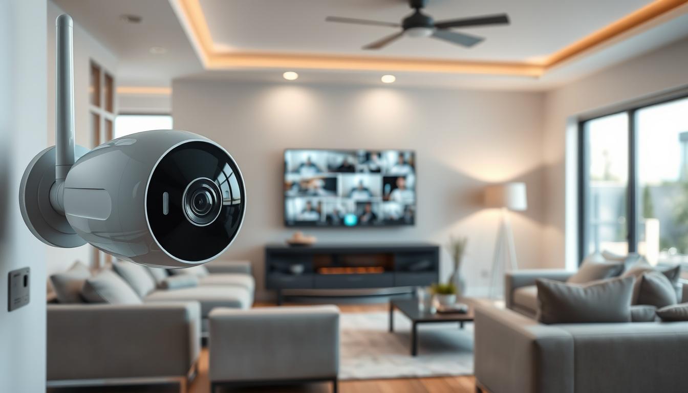 A modern smart surveillance camera setup in a stylish home environment, showcasing advanced technology and sleek design. In the foreground, a sophisticated camera with a glossy finish captures high-definition video, equipped with night vision and motion detection features, its lens glinting subtly in soft light. The middle section features a wall-mounted monitor displaying a live feed from multiple angles, illustrating a user-friendly interface with icons for alerts and settings. The background includes a well-lit living room with contemporary furniture, subtle decor, and large windows for natural light, emphasizing a secure atmosphere. The overall mood is tech-savvy and inviting, highlighting the integration of safety and elegance in smart home security systems.