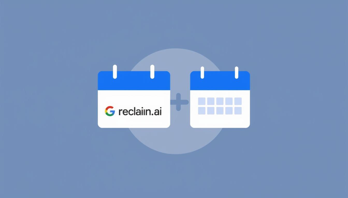 A minimalist and visually striking illustration showcasing the seamless integration of Reclaim.ai with Google Calendar. The image depicts a stylized, abstract representation of the two platforms merging, with clean geometric shapes and a muted, cool-toned color palette. The composition features a central focal point where the Reclaim.ai and Google Calendar logos subtly intertwine, surrounded by a subtle gradient background that evokes a sense of harmony and connectivity. The overall aesthetic is modern, refined, and visually appealing, reflecting the efficiency and organization promised by the integration of these two productivity tools.