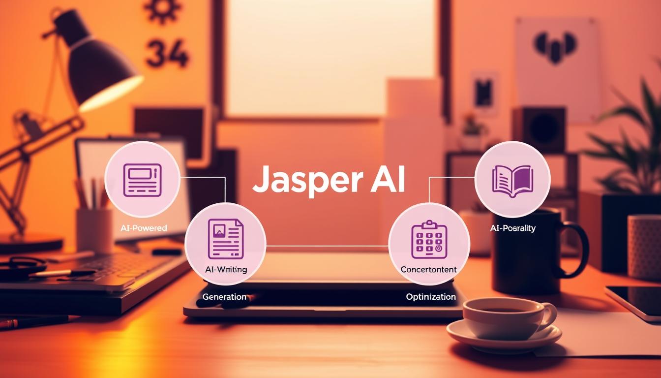 Detailed digital illustration showcasing Jasper AI's core features and capabilities for content creation. Vibrant, high-contrast composition with Jasper AI's logo prominently displayed in the center. The background features a modern, minimalist workspace with various creative tools and elements like a laptop, pen tablet, and coffee mug. Warm lighting illuminates the scene, creating a productive, focused atmosphere. In the foreground, dynamic icons and infographic elements highlight Jasper AI's key functionalities such as AI-powered writing assistance, content generation, and optimization. The overall design conveys professionalism, innovation, and the ease of use Jasper AI provides for crafting high-quality marketing content.