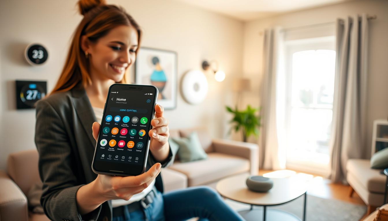 A cozy living room filled with modern smart home devices, highlighting a smartphone in the foreground displaying various home control apps. A woman in smart casual attire is using the phone, looking pleased with the seamless connectivity. The middle layer features a stylish smart thermostat on the wall, smart lights with adjustable colors, and a smart speaker, all reflecting high-tech design. The background shows a bright window allowing natural light to pour in, giving a warm and inviting atmosphere. Soft shadows create depth and enhance the focus on the devices and the smartphone. The scene should evoke a sense of convenience and innovation in home automation.