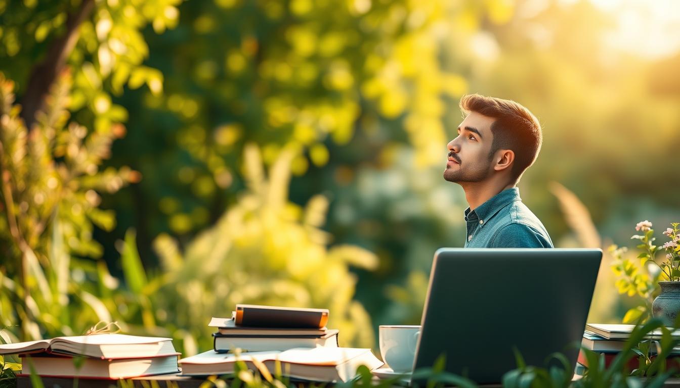 Detailed illustration of the lifelong learning and self-development process. A thoughtful person standing in a serene, sunlit garden, surrounded by the tools of education and personal growth - books, a laptop, a cup of coffee, and a tablet. The person has a contemplative, focused expression, embodying the dedication and commitment to continuous learning. The background is softly blurred, with lush greenery and a calming, natural atmosphere, emphasizing the tranquility and introspection of the scene. Warm lighting from the sun casts a gentle glow, creating a sense of inspiration and enlightenment. The overall composition conveys the importance of nurturing one's knowledge and skills throughout one's career and life.