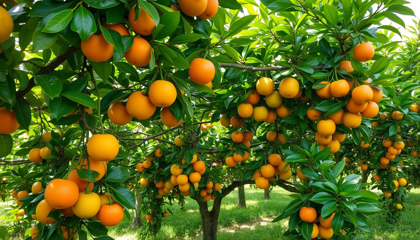 A lush, verdant orchard with an abundance of diverse fruit trees, including citrus, stone fruits, and tropical varieties. The canopy casts delicate patterns of dappled light, illuminating the vibrant foliage and the ripe, succulent fruits hanging from the branches. In the foreground, a variety of common fruit pests are visible, such as aphids, scale insects, and caterpillars, representing the challenges faced in managing these agricultural adversaries. The overall scene conveys a sense of both the beauty and the struggle inherent in cultivating a thriving, productive fruit-bearing ecosystem.