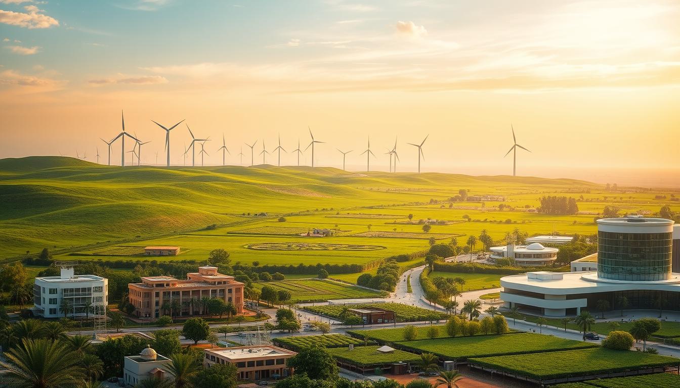 استثمارات بيئية في السوق المصري: الفرص والتحديات A lush green landscape with towering wind turbines and solar panels dotting the horizon, reflecting the Egyptian government's commitment to renewable energy investments. In the foreground, a bustling urban scene showcases modern eco-friendly buildings and thriving businesses, symbolizing the growing green economy. The sky is bathed in warm hues, conveying a sense of progress and optimism. Interspersed throughout the scene are small-scale sustainable agricultural projects, highlighting the country's efforts to integrate environmental initiatives into its economic development strategy. The overall composition captures the multifaceted nature of Egypt's environmental investments, balancing large-scale renewable infrastructure with grassroots sustainability initiatives.
