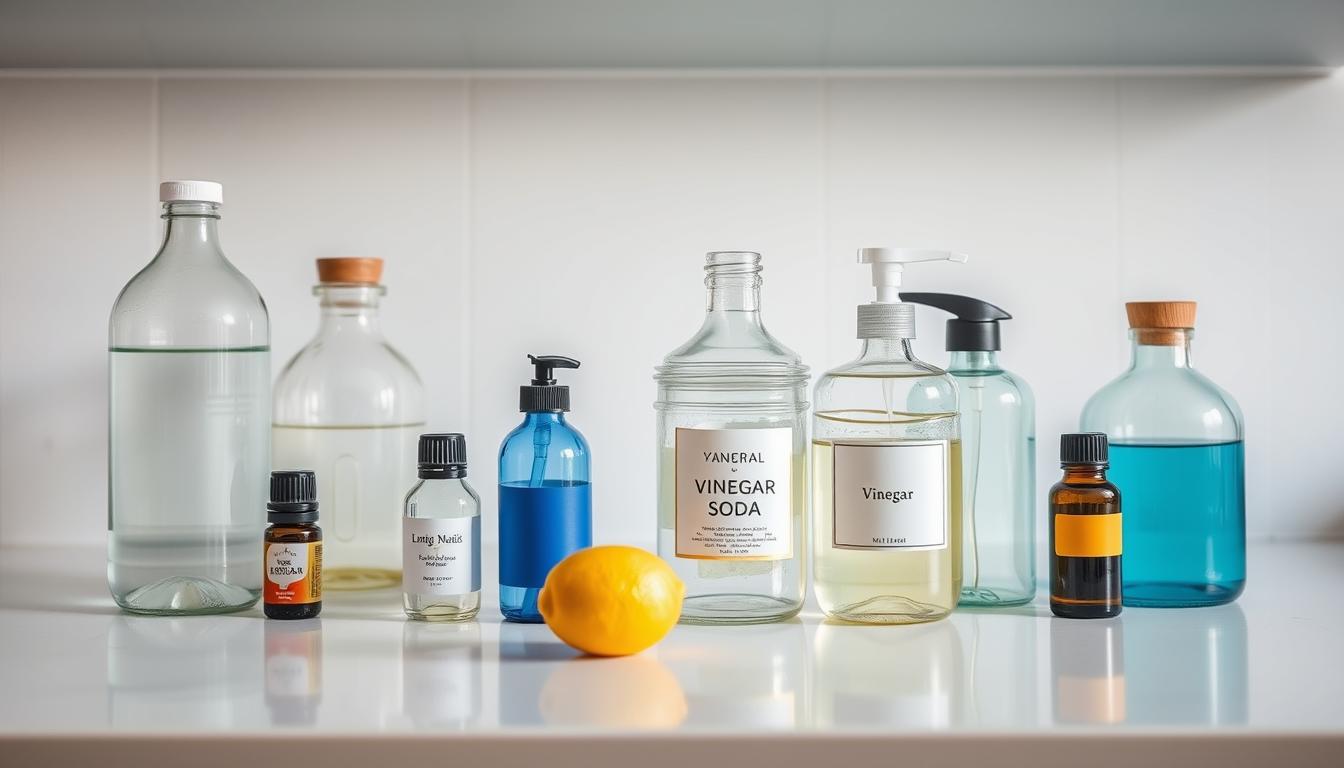 A well-lit, close-up view of an assortment of simple household solutions arranged on a clean, white countertop. The solutions are contained in clear glass bottles and jars, showcasing their natural, homemade ingredients like vinegar, baking soda, lemon, and essential oils. The lighting is soft and diffused, highlighting the transparency of the containers and the vibrant colors of the liquids. The composition is balanced, with the solutions placed in an orderly, visually appealing arrangement. The overall mood is one of simplicity, naturalness, and practicality, reflecting the article's emphasis on eco-friendly, DIY alternatives to harmful chemicals.