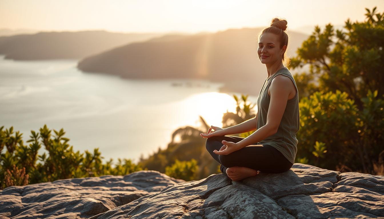 الاستراتيجية الرابعة: تطوير المرونة النفسية والقدرة على التكيف A serene, tranquil landscape with a person sitting in a meditative pose on a rocky outcrop, overlooking a vast, calming body of water. The sun's rays softly illuminate the scene, casting a warm, golden glow. The person's expression is one of inner peace and resilience, symbolizing the concept of "psychological flexibility" and the ability to adapt to life's challenges. The background features lush, verdant foliage and a gentle, rolling horizon, creating a sense of balance and harmony. The entire composition evokes a feeling of resilience, strength, and the power to transform adversity into opportunity.
