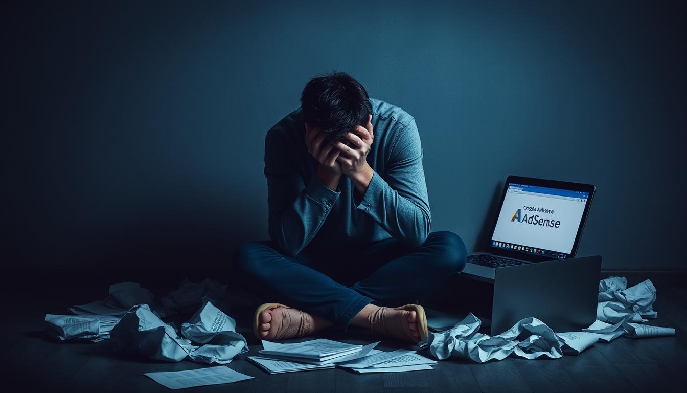 A despondent, weary figure sits alone, head in hands, surrounded by the trappings of a rejected Google AdSense application - crumpled documents, a laptop displaying a denial notice, and a sense of disappointment permeating the dimly lit scene. The background is a muted palette of grays and blues, emphasizing the somber mood. Soft, directional lighting casts shadows that accentuate the subject's posture, evoking a palpable air of dejection. The overall composition conveys the overwhelming experience of having one's hopes for AdSense monetization dashed, a crucial setback in the journey of building a successful Blogger website.