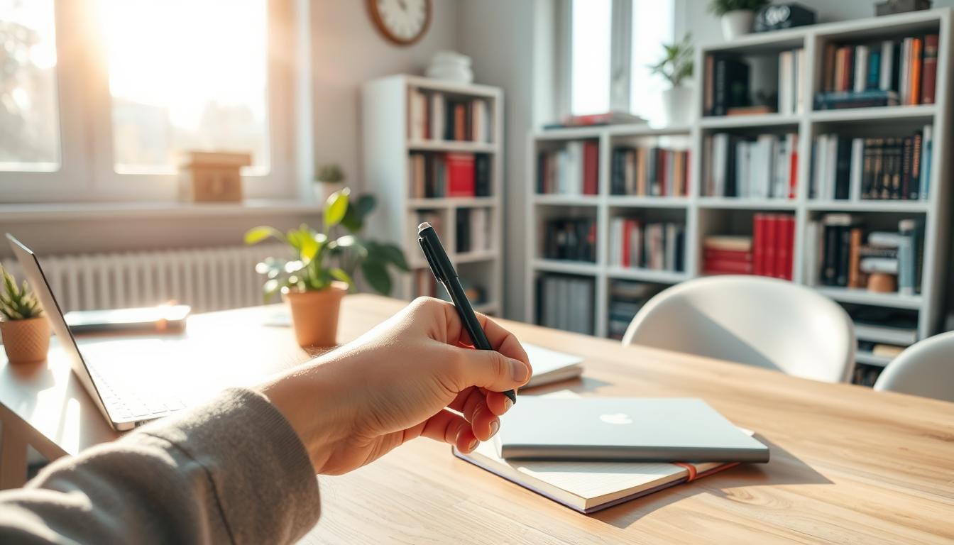 A serene, sun-dappled workspace comes into focus, illuminated by natural light filtering through large windows. On a neatly organized desk, a laptop, pen, and notebook sit alongside a potted plant, creating a calming, productive atmosphere. In the background, a bookshelf filled with volumes on personal growth and productivity hints at the transformation taking place. The foreground captures a person's hand, poised with pen in hand, deep in contemplation, capturing the pivotal moment of awareness and the shift towards a more intentional, productive lifestyle.