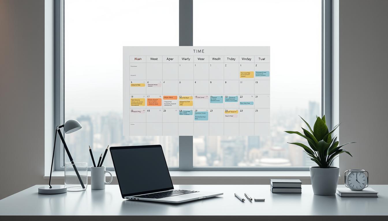 مهارات إدارة الوقت الأساسية للنجاح An elegant digital workspace with a clean, minimalist aesthetic. In the foreground, a modern desk with a sleek laptop, a well-organized set of stationery, and a potted plant for a touch of nature. The middle ground features a large calendar, carefully color-coded with important dates and reminders, symbolizing strategic time management. In the background, a serene window overlooking a cityscape, with soft, warm lighting filtering through, creating a tranquil, focused atmosphere. Geometric shapes and lines guide the eye, reflecting the structure and discipline of effective time planning. The overall composition exudes a sense of control, productivity, and a harmonious work-life balance.