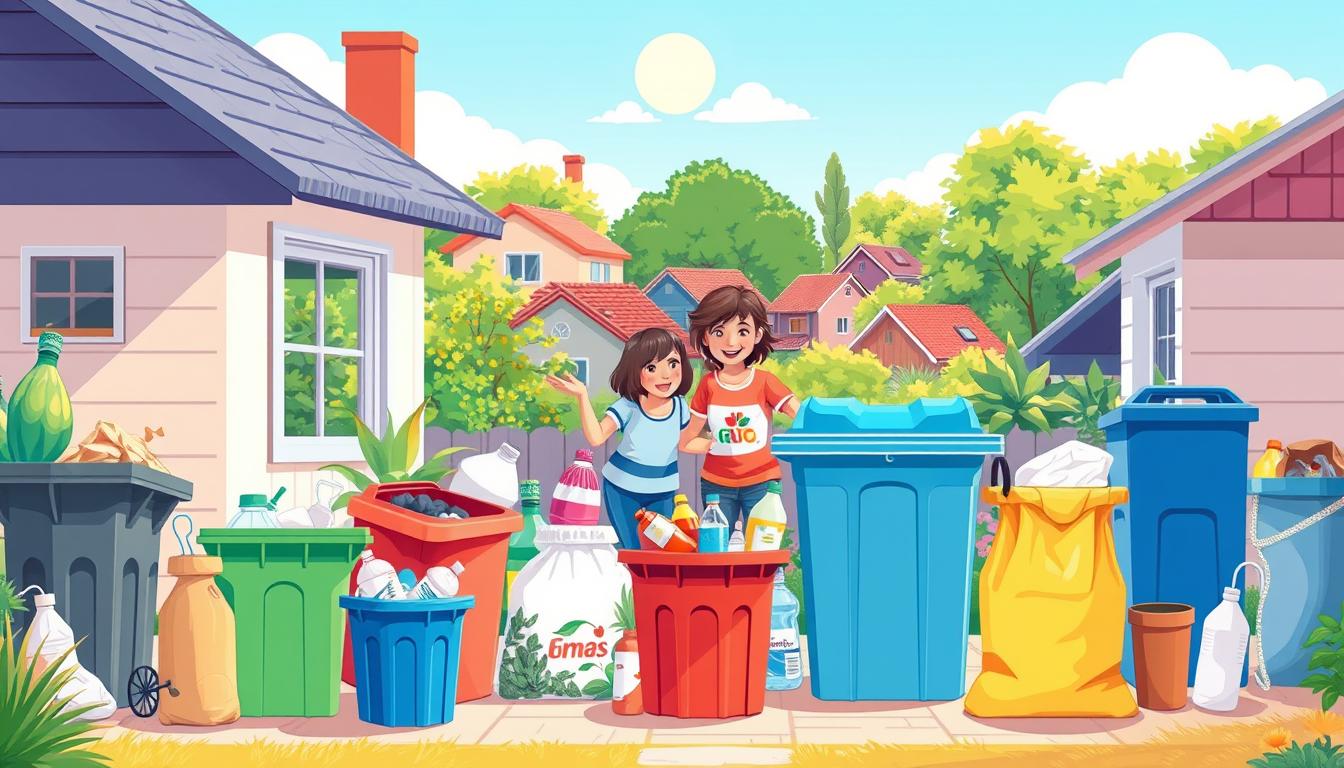 A vibrant and welcoming illustration of &quot;Recycling for Beginners&quot; - a sunny, well-lit scene depicting a small home with various recycling bins, bags, and sorting containers in the foreground. In the middle ground, a smiling family enthusiastically sorting and organizing their household waste, while the background showcases a lush, green neighborhood with trees and plants, conveying a sense of sustainability and eco-friendliness. The overall composition should be visually engaging, with a balance of color, texture, and positive, approachable imagery that invites the viewer to learn more about the &quot;First Steps Towards Profit from Household Waste&quot; section of the article.