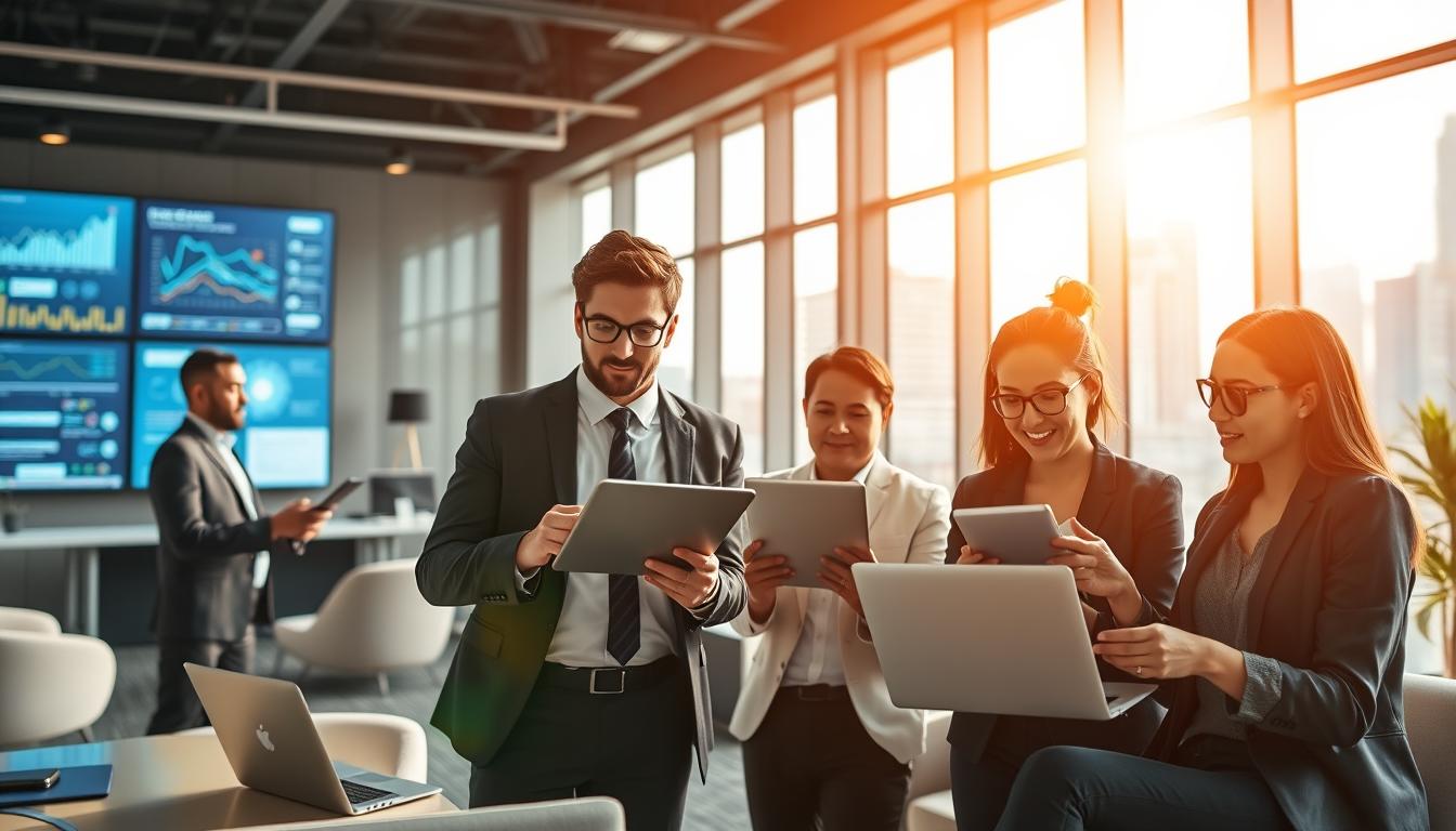 A dynamic digital learning environment illustrating the theme of developing digital and professional skills using EdApp AI. In the foreground, a diverse group of three professionals, dressed in smart business attire, engages collaboratively with laptops and tablets, showcasing enthusiasm and concentration. In the middle ground, a modern workspace filled with digital tools, sleek furniture, and bright screens displaying graphs and AI interfaces. The background features a large window with a cityscape, bathed in warm, natural light creating an inspiring atmosphere. The overall mood is progressive and motivational, emphasizing innovation in learning environments while maintaining a professional tone.