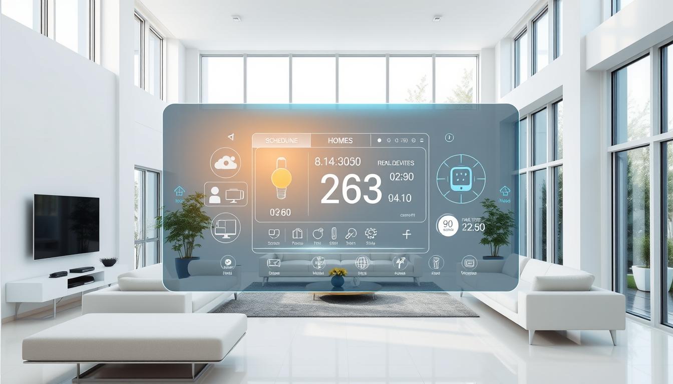 الطريقة الثانية: إدارة الطاقة المنزلية الذكية وجدولة الاستخدام A modern, high-tech home interior with a central smart home control panel. Sleek white walls, minimalist furniture, and large windows flooding the room with natural light. The control panel features a clean, intuitive interface displaying real-time energy consumption data, scheduling options, and smart device integration. Holographic overlays and subtle ambient lighting create a futuristic, efficient ambiance. The scene conveys a sense of effortless home automation and environmentally-conscious energy management.