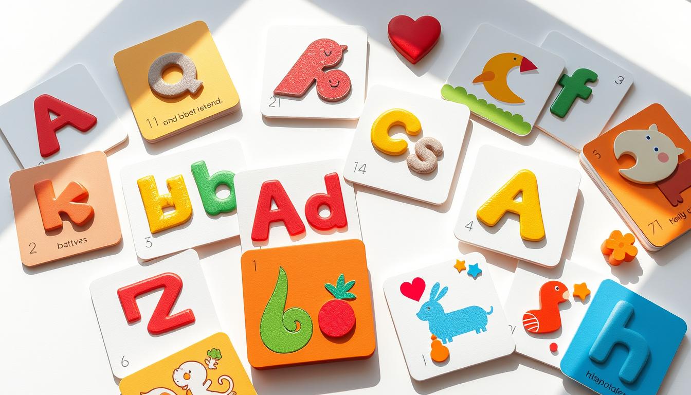 Detailed, high-quality interactive educational cards for children. Vibrant colors and textures, engaging illustrations, and tactile elements such as textures, pop-ups, and pull tabs. The cards cover a range of educational topics like letters, numbers, shapes, and animals. A clean, minimalist design aesthetic with plenty of negative space to allow the interactive elements to stand out. Soft lighting from above casts gentle shadows, creating depth and dimension. The cards are arranged on a simple white background, allowing the individual pieces to be the focus of the scene.