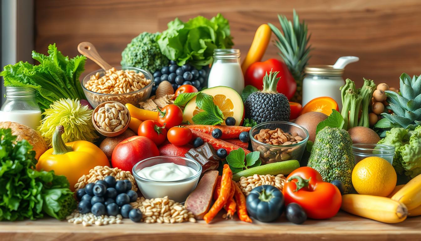 a highly detailed, vibrant, and photorealistic illustration of a healthy diet, showcasing a variety of fresh, colorful fruits, vegetables, whole grains, lean proteins, and dairy products arranged in a visually appealing and appetizing manner, with a warm, natural lighting that enhances the textures and colors of the food items. The composition should create a sense of balance, harmony, and wellness, conveying the idea of a nutritious and well-rounded dietary lifestyle. The image should be captured from a slightly elevated angle, allowing the viewer to see the full breadth of the healthy food items. The overall atmosphere should exude a sense of positivity, vitality, and a strong emphasis on the benefits of a healthy eating regimen.