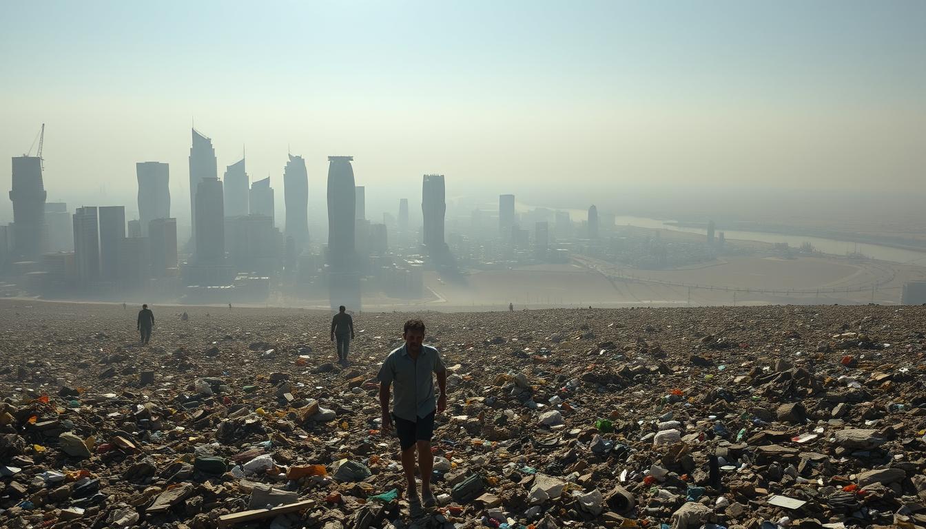 واقع النفايات في المدن المصرية والتحديات البيئية A bustling Egyptian city skyline, with towering high-rises and ancient structures blending seamlessly. In the foreground, a sprawling sea of waste and litter, casting a somber shadow over the urban landscape. Hazy sunlight filters through the smog, illuminating the scale of the environmental challenge. Grim-faced residents navigate through the debris, their expressions reflecting the growing concern for sustainable solutions. The middle ground showcases a mix of old and new, highlighting the juxtaposition of modernity and the pressing need for innovative waste management initiatives. In the background, the outline of the Nile River and distant desert hills provide a sense of both the grandeur and fragility of this dynamic ecosystem. An unsettling yet powerful depiction of the realities facing Egypt's cities as they strive for a greener, cleaner future.