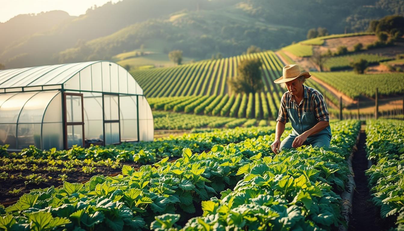 A lush, verdant agricultural landscape, where efficient farming techniques merge with environmental stewardship. In the foreground, a farmer tending to a thriving organic vegetable garden, using natural pest control and minimal irrigation. The middle ground depicts a small-scale greenhouse, its translucent panels capturing the sun's rays to nurture delicate seedlings. In the background, a rolling hillside dotted with rows of diverse crops, each strategically planted to maximize yield and minimize resource consumption. The scene is illuminated by soft, natural lighting, creating a serene, sustainable atmosphere that reflects the harmony between productive agriculture and ecological responsibility.