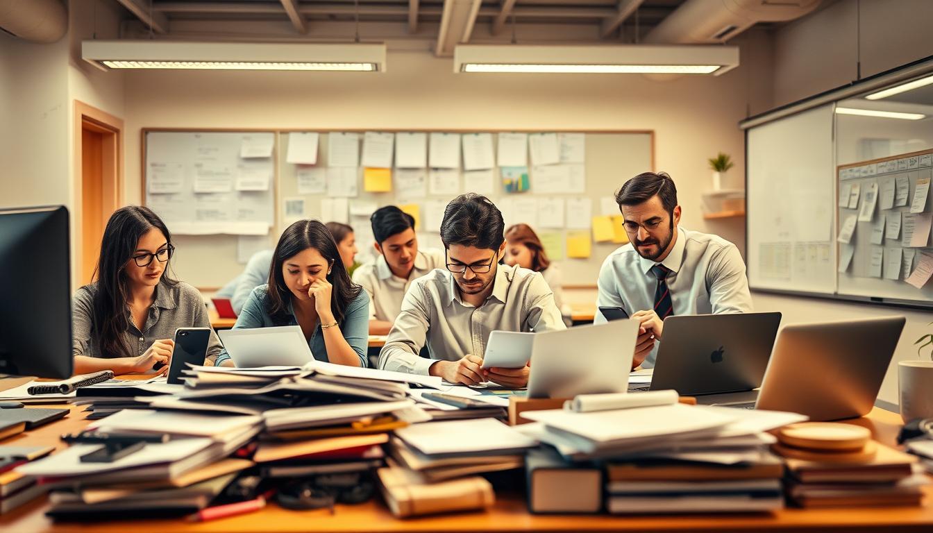تحديات إدارة الوقت للعاملين والموظفين A bustling office space, with employees navigating the challenges of time management. In the foreground, a desk cluttered with paperwork, smartphones, and a laptop - symbols of the constant demands on their time. The middle ground reveals a mix of focused expressions and furrowed brows, as colleagues collaborate and juggle deadlines. The background showcases a wall of calendars, notepads, and a whiteboard, reflecting the organized chaos of scheduling and prioritizing tasks. Warm, diffused lighting creates a sense of concentration, while the angle captures the intensity and multitasking inherent in the workplace. This image aims to convey the common struggles faced by workers in effectively managing their time and maintaining productivity.