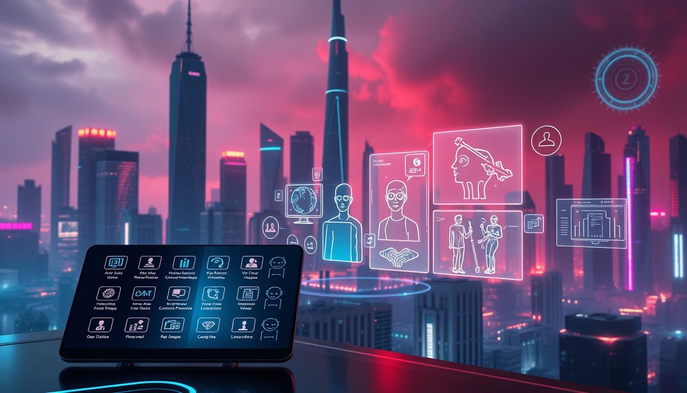 A futuristic and visually striking composition showcasing various AI-powered applications by Claude. In the foreground, a sleek and minimalist UI interface displays a range of icons representing different use cases, such as data analysis, creative ideation, and language processing. The middle ground features holographic projections of virtual assistants, 3D models, and interactive visualizations, all emanating a warm, neon-like glow. The background is a dystopian cityscape, with towering skyscrapers and a vibrant, hazy atmosphere, hinting at the transformative potential of this advanced AI technology. The overall scene conveys a sense of innovation, sophistication, and the seamless integration of Claude's capabilities across diverse industries and domains.