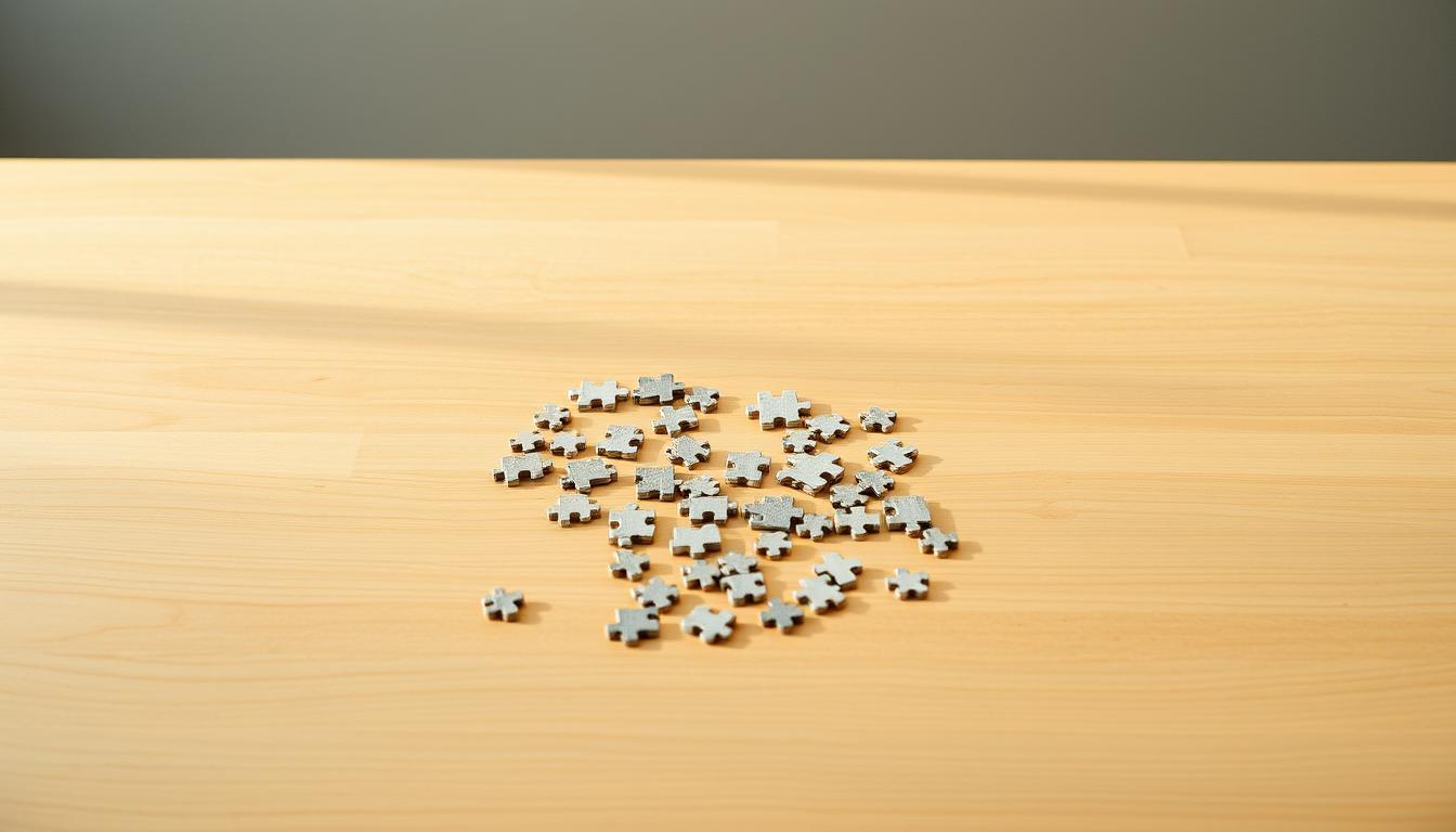 A minimalist workspace with a wooden table, clean and well-lit. On the table, a jigsaw puzzle with complex interlocking pieces, representing a complex problem. The puzzle is partially solved, with some pieces still scattered, symbolizing the process of breaking down the problem into manageable steps. The lighting is warm and natural, creating a calm and focused atmosphere, encouraging contemplation and problem-solving. The composition emphasizes the puzzle and the table, with a clean, simple background that avoids distractions, allowing the viewer to focus on the task at hand.
