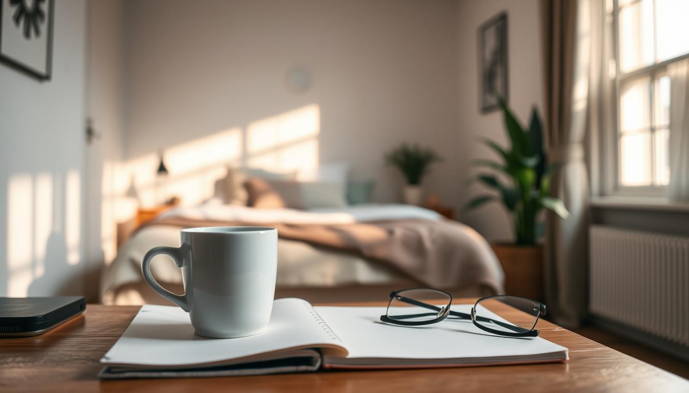 A tranquil morning scene unfolds, capturing the serene preparations for the day ahead. In the foreground, a neatly arranged desk, with a cup of steaming coffee, a notebook, and a pair of eyeglasses, inviting the viewer to envision a focused and organized start to the day. The middle ground showcases a cozy, minimalist bedroom, where a well-made bed and a few carefully placed decorative elements create a sense of calm and balance. The background depicts a softly lit window, allowing the warm glow of the rising sun to filter in, adding a gentle, natural ambiance to the scene. The overall composition conveys a sense of quiet efficiency, setting the stage for a productive and intentional day.