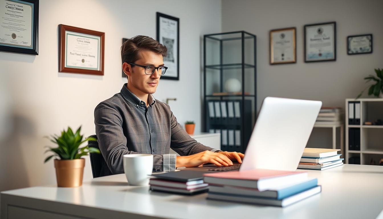 A tranquil office setting with a professional working at their desk, immersed in their laptop. The desk is neatly organized, with a potted plant, a cup of coffee, and a stack of files. The walls are adorned with framed certificates and diplomas, reflecting the person's educational and career achievements. Soft, directional lighting illuminates the scene, creating a warm and focused atmosphere. The individual appears engaged and determined, embodying the idea of positive thinking and professional growth. In the background, a bookshelf or filing cabinet suggests an environment conducive to lifelong learning and development.