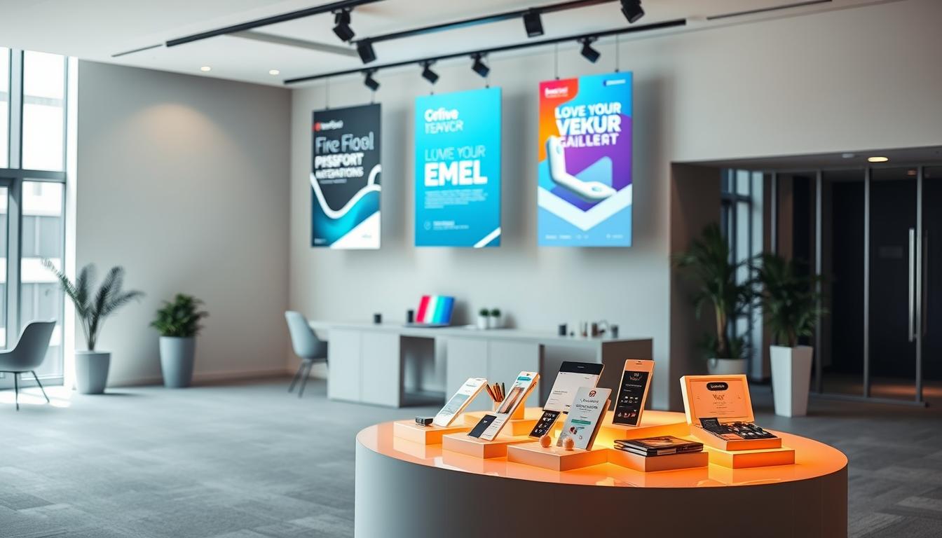 An elegantly designed display showcasing various promotional strategies. In the foreground, a sleek podium displays product offerings, lit by warm, focused lighting that accentuates their features. In the middle ground, eye-catching promotional banners hang, their vibrant colors and modern designs capturing attention. The background depicts a minimalist, yet sophisticated office setting, with clean lines and muted tones that provide a cohesive, professional atmosphere. The overall composition conveys a sense of strategic, high-impact marketing, perfectly suited to illustrate the &quot;Promotional Strategies&quot; section of the article.