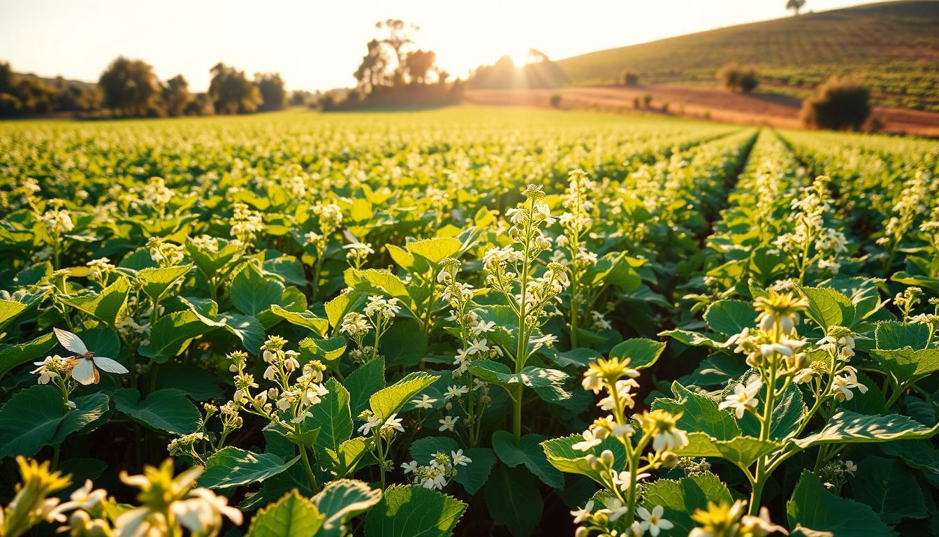 A lush, verdant field where rows of thriving fava beans intermingle with companion crops, creating a harmonious and biodiverse ecosystem. The sun casts a warm, golden glow, illuminating the vibrant green foliage and the delicate white blossoms that adorn the plants. In the foreground, a variety of beneficial insects and pollinators flutter among the flowers, contributing to the natural balance of the system. The middle ground showcases the healthy, robust fava bean plants, their sturdy stems and broad leaves providing a visual tapestry. In the background, a gently rolling hillside provides a scenic backdrop, with trees and shrubs adding depth and texture to the composition. The overall scene conveys a sense of nature's abundance, resilience, and the benefits of integrated, sustainable agricultural practices.