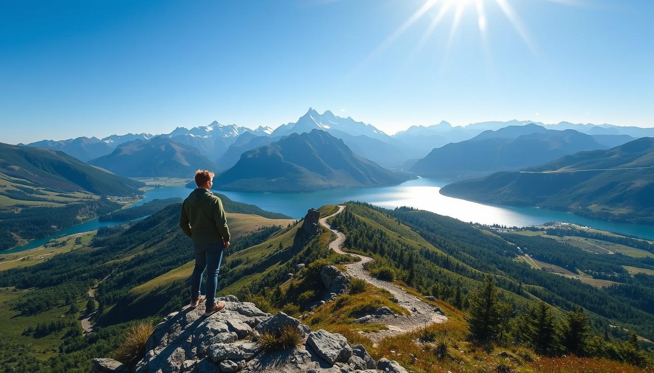 A serene, sun-dappled scene depicting the importance of goal-setting. In the foreground, a person stands atop a rocky outcrop, gazing out over a lush, rolling landscape. The mid-ground features a winding path leading towards a shimmering lake, symbolizing the journey towards achieving one's aspirations. In the background, majestic mountains rise, their snow-capped peaks piercing the azure sky. Soft, warm lighting illuminates the scene, imbuing it with a sense of hope and possibility. The composition emphasizes the individual's connection to nature, and the empowering realization that by clearly defining their goals, they can navigate the path to personal success.