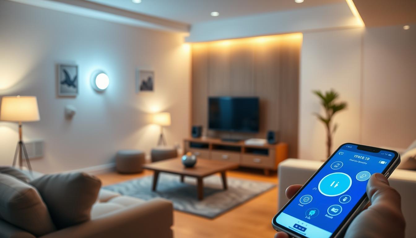 A futuristic scene depicting remote communication technologies for controlling electrical devices via a smartphone. In the foreground, a sleek smartphone is shown illuminated with a vibrant touchscreen displaying various control icons. In the middle ground, a modern living room features smart home devices such as smart lights, a thermostat, and an entertainment system, all interconnected with glowing data streams. The background showcases a clean, high-tech environment with soft, ambient lighting that creates a warm and inviting atmosphere. The camera angle is slightly elevated, capturing the entire scene with a focus on the interaction between the smartphone and the devices. The mood conveys innovation and seamless connectivity, highlighting the advancements in remote control technology.