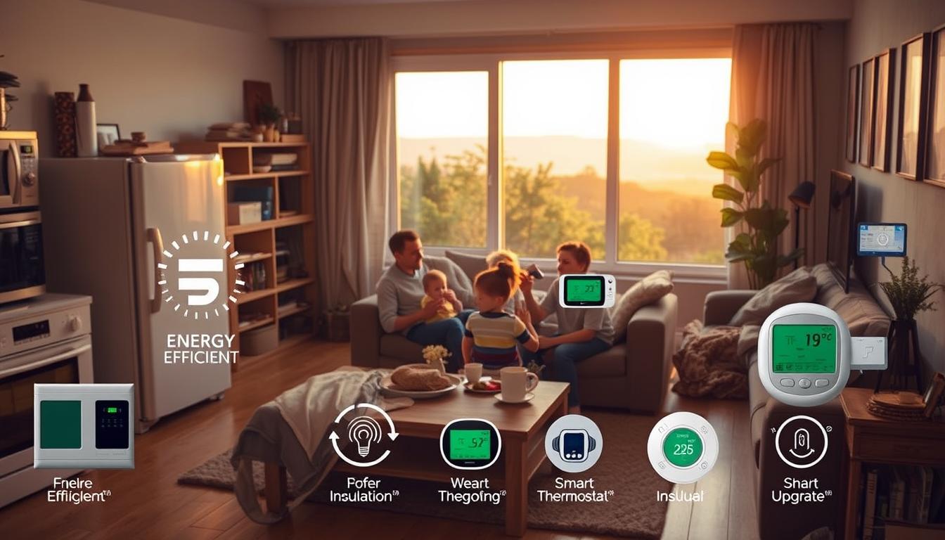 A cozy household interior with a warm, inviting atmosphere. In the foreground, a family relaxing in their living room, surrounded by energy-efficient appliances and LED lighting. The middle ground showcases an array of insulation materials, weatherstripping, and smart thermostats, demonstrating practical home upgrades. In the background, a panoramic view of the outside world, emphasizing the positive environmental impact of these energy-saving measures. The lighting is soft and natural, casting a gentle glow throughout the scene. The overall mood is one of domestic tranquility and environmental consciousness.