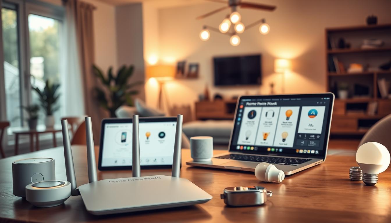 A cozy home office setting showcasing a smart home network. In the foreground, a sleek router and various smart devices like a thermostat, smart speaker, and light bulbs are arranged on a wooden desk. In the middle, a modern laptop displays a user-friendly interface for home automation controls. The background features a softly lit living room with ambient lighting that highlights smart bulbs and a smart TV. Warm, inviting colors create a comfortable atmosphere. The scene is illuminated by natural light coming through a large window, creating soft shadows, and the camera angle is slightly tilted to add depth. The overall mood is technological yet homely, reflecting a seamless integration of smart devices in daily life.
