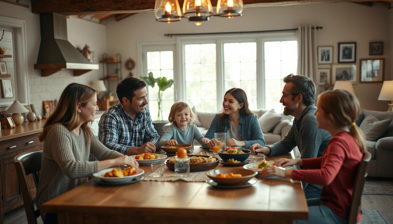 A peaceful, harmonious family scene in a cozy home setting. In the foreground, a family of four - parents and two children - sitting around a wooden dining table, engaged in a lively meal time discussion. The middle ground features a warm, inviting kitchen with rustic accents and soft, natural lighting filtering in through a large window. In the background, glimpses of a living room with plush furniture and personal mementos, conveying a sense of domestic comfort and togetherness. The overall mood is one of quality family time, balance, and a well-organized household routine.