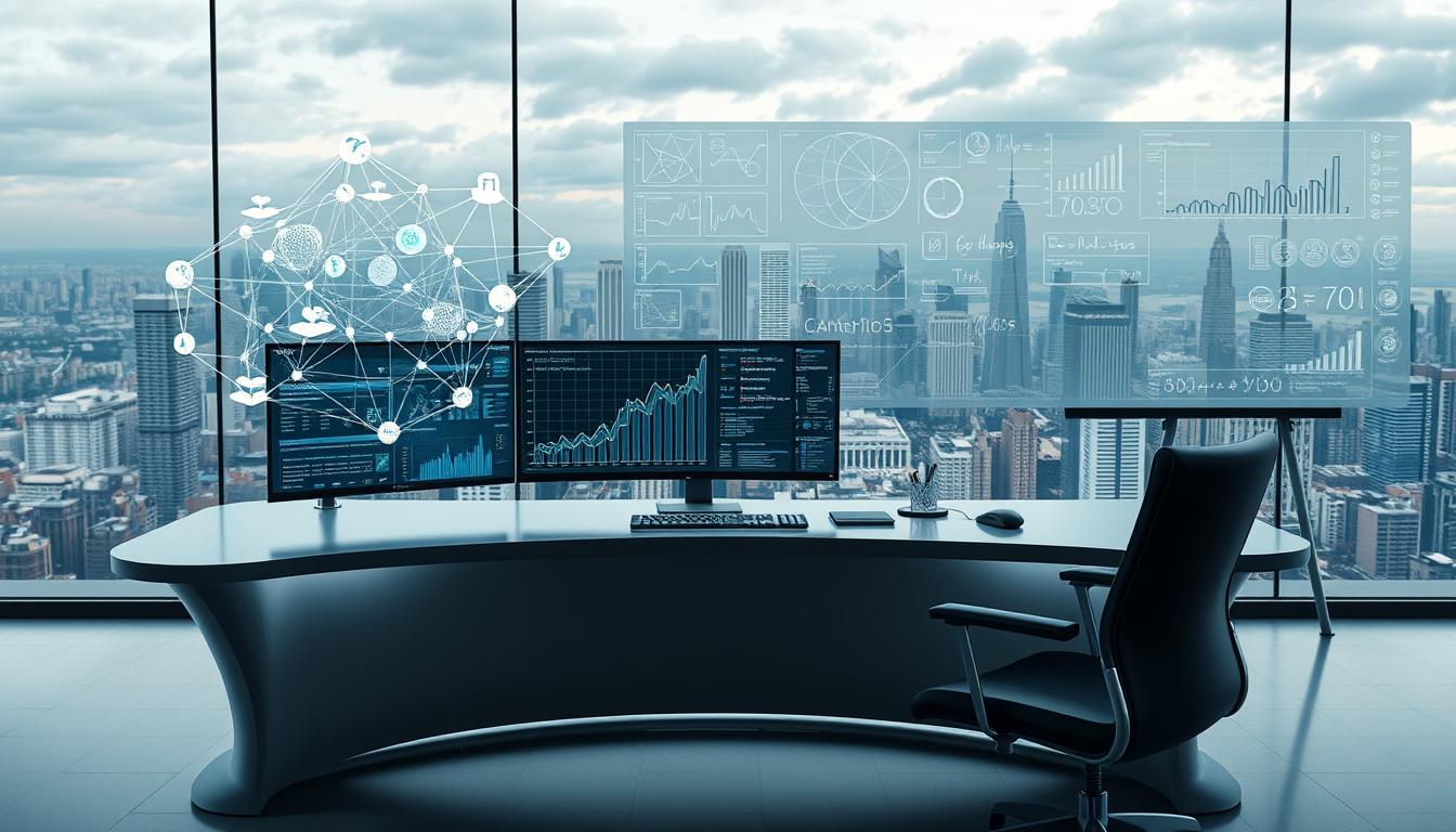 A detailed, high-resolution image of a modern data analytics workspace. In the foreground, a sleek, curved desk with a dual-monitor setup displays complex charts and visualizations. Floating above the desk, holographic data points and 3D models cast an ethereal glow. In the middle ground, a large interactive whiteboard shows intricate algorithms and formulas. The background features a panoramic view of a dynamic city skyline, hinting at the real-world applications of the data insights. The overall scene conveys a sense of sophistication, innovation, and the power of intelligent data analysis to uncover hidden opportunities.