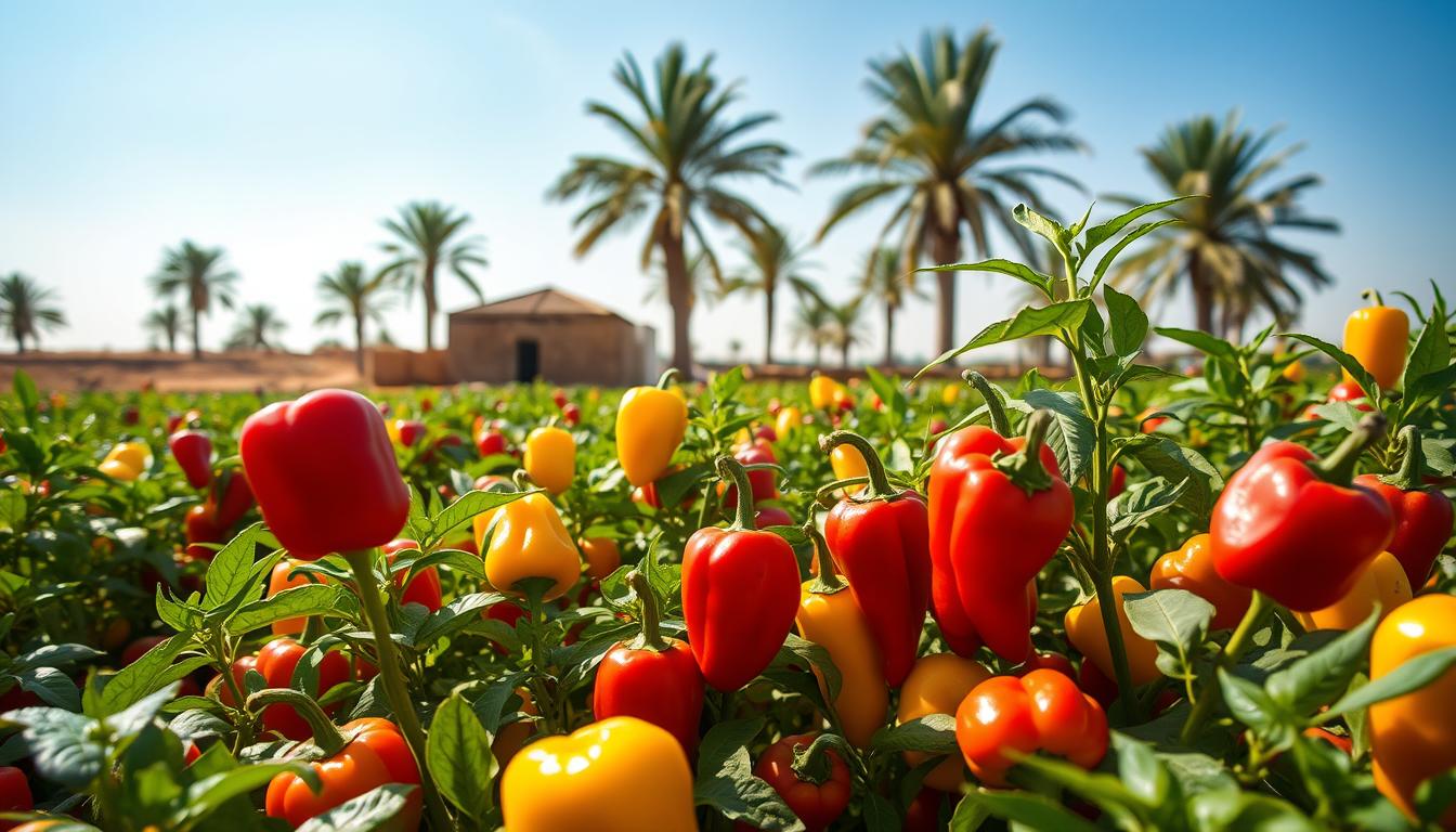 أهمية زراعة الفلفل في الاقتصاد المصري A lush, vibrant field of peppers in a sun-drenched Egyptian landscape. The foreground showcases a variety of peppers in shades of red, yellow, and green, their glossy surfaces catching the warm light. In the middle ground, rows of pepper plants stretch out, their leaves rustling gently in a light breeze. In the background, a traditional mud-brick farmhouse stands amidst palm trees and a clear blue sky, reflecting the importance of pepper cultivation to the local economy. The scene conveys the abundance and vitality of pepper farming, a vital contributor to Egypt's agricultural success and export potential.