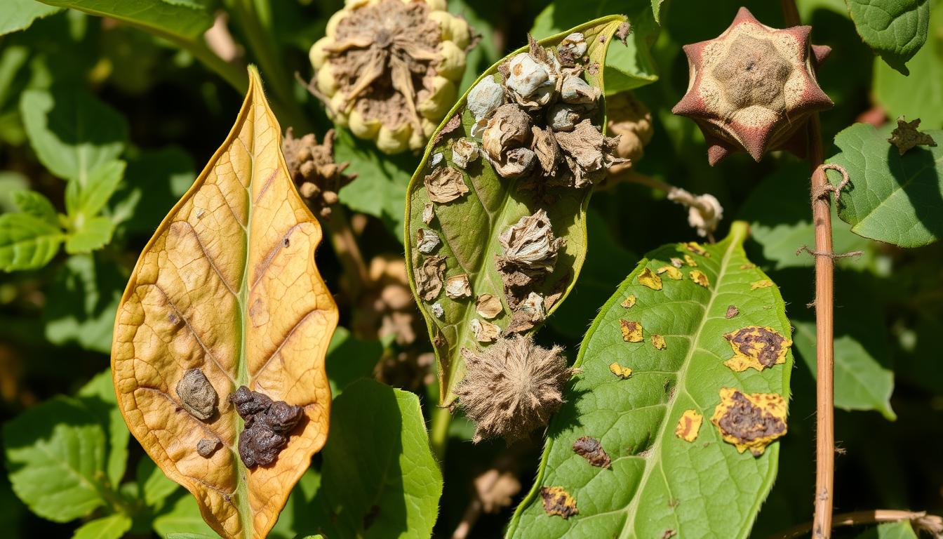 A detailed close-up of various plant disease symptoms, including discoloration, wilting, and fungal growth, captured under natural daylight in a botanical garden setting. The image showcases a diverse range of plant ailments with a sharp, high-resolution focus, allowing for a comprehensive visual analysis of the diseased foliage. The composition features a clean, uncluttered background that emphasizes the pathological conditions, presented in a clinical yet visually compelling manner to aid in the identification and monitoring of plant health issues.
