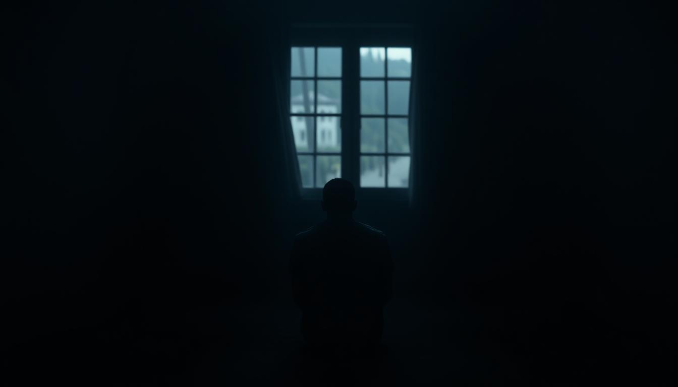 A solitary figure, shoulders slumped, sits alone in a dimly lit room, lost in a sea of despondent thoughts. The atmosphere is heavy, with muted colors and long shadows casting a sense of melancholy. In the background, a blurry window suggests the outside world, but the protagonist remains trapped in their internal struggle. The lighting is soft, creating a sense of introspection and isolation. The composition draws the viewer's gaze directly to the central figure, emphasizing the weight of their emotions. This scene captures the essence of &quot;اليأس والتفكير السلبي&quot; - the journey from despair to hope.